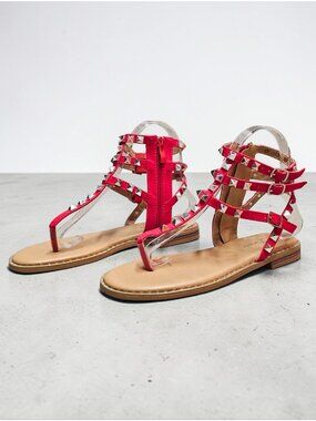 Red Gladiator Sandals With Studded Straps & Side Zipper For Women Flat Sole Comf